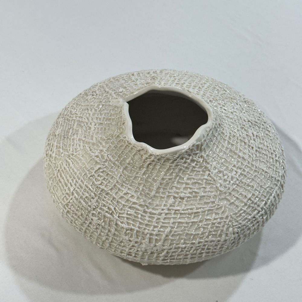 Crate & Barrel Kerr White Textured Ceramic Vase Round Squat 10" 198-722 Retired